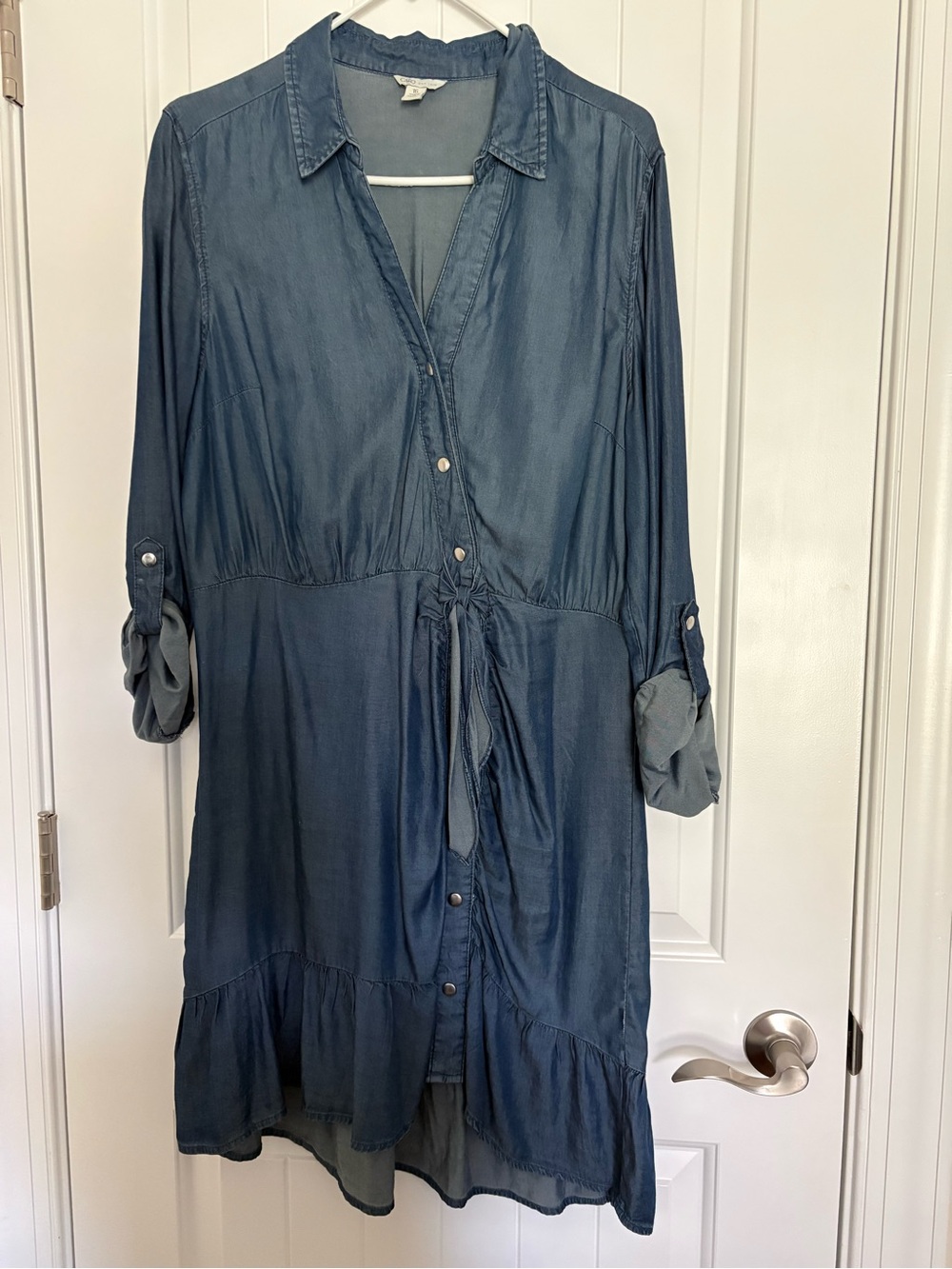 Cato Denim-Blue Button Front Shirt Dress with Tie Waist